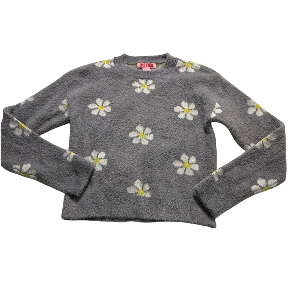 Coco & Shay Daisy Fuzzy Knit Sweater Womens Medium Grey Floral CottageCore